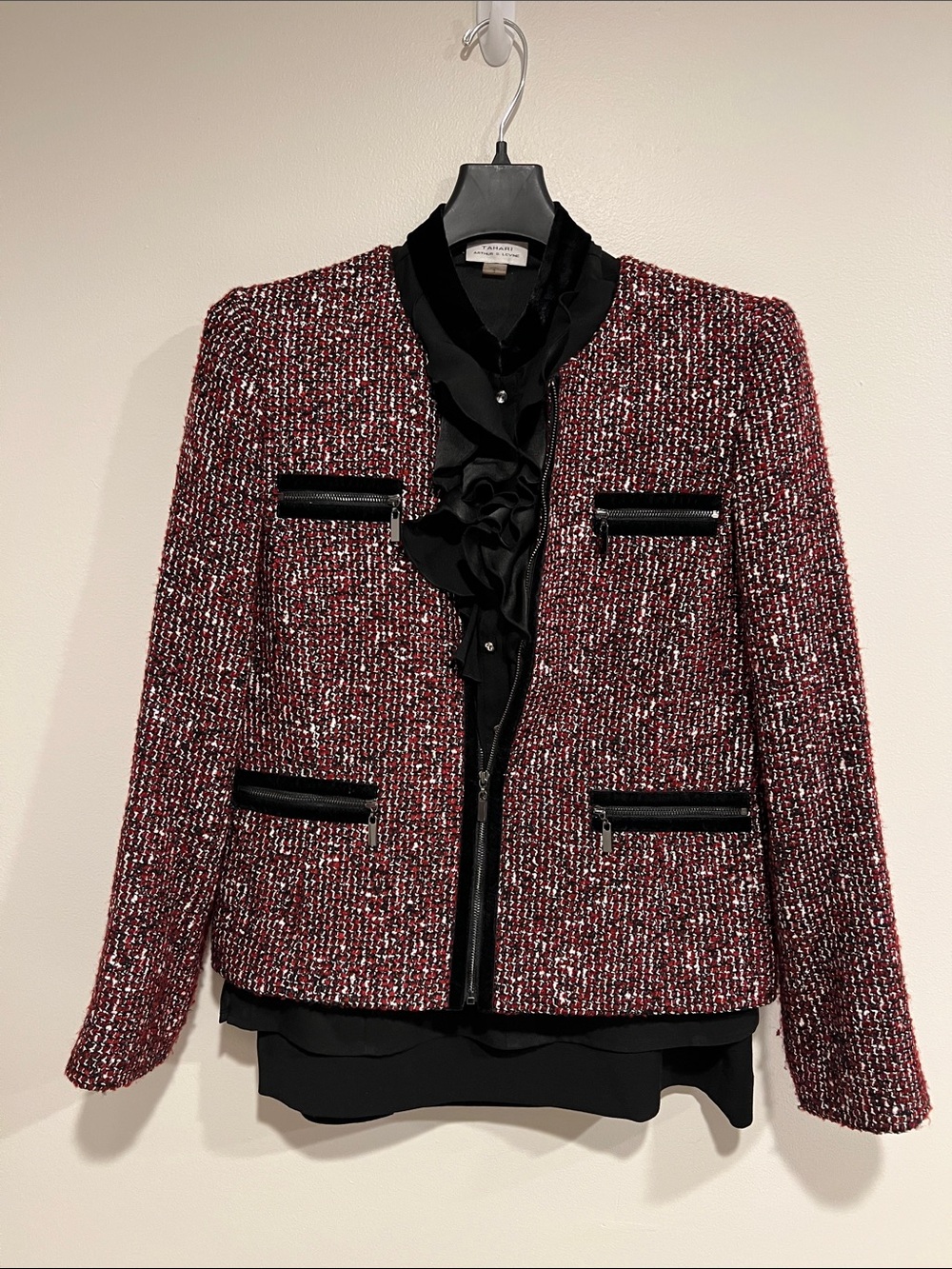 Tahari Burgundy Tweed Zip-Front Blazer with Black Trim